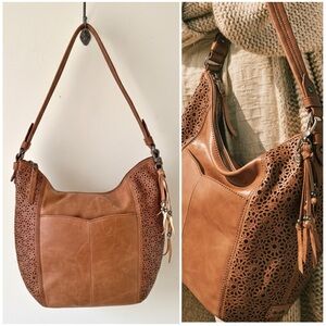 The Sak Leather Sequoia Laser Cut Hobo Shoulder Bucket Bag Tobacco Moroccan Tan